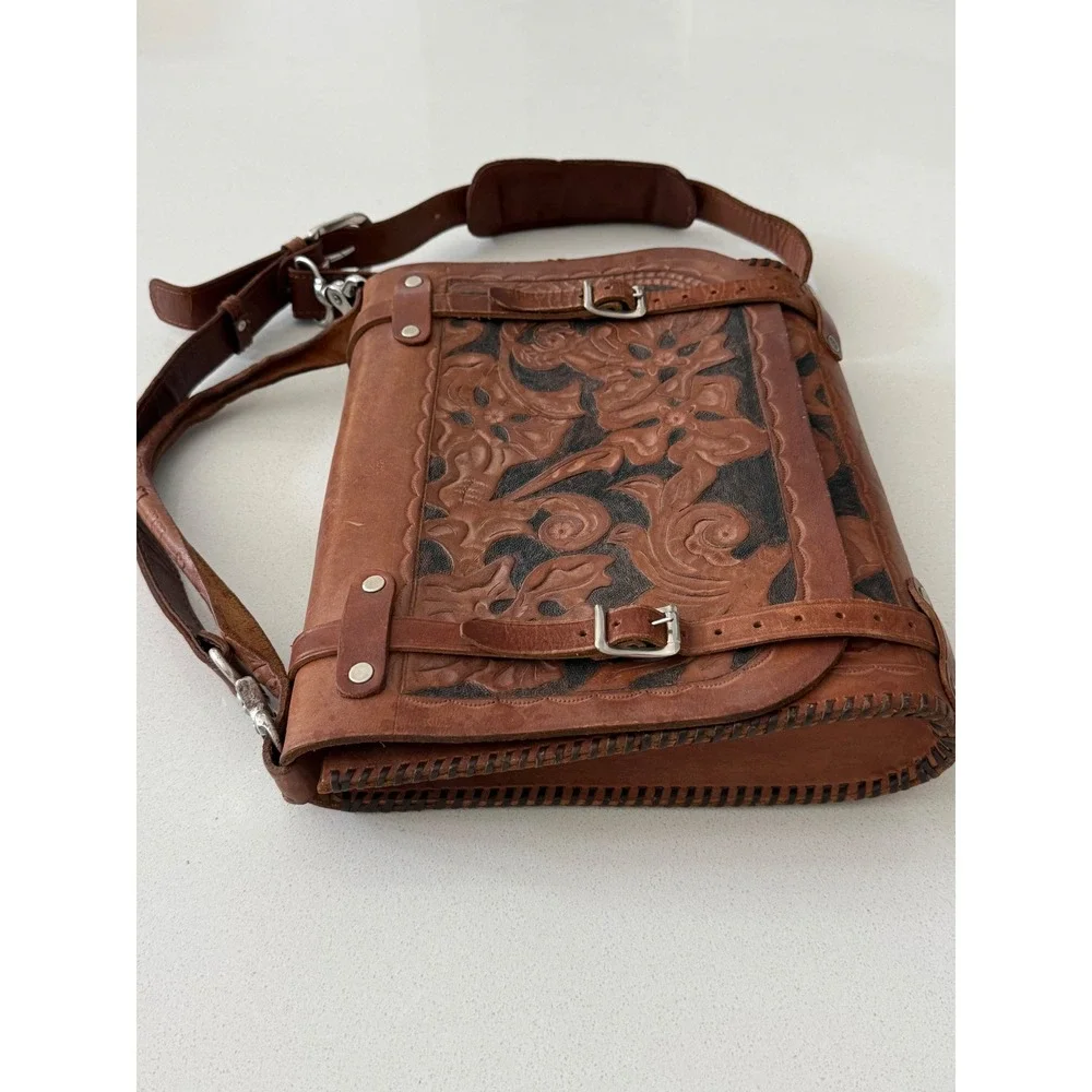 Vintage Hand Tooled Floral Leather Messenger Bag Brown Satchel Crossbody
